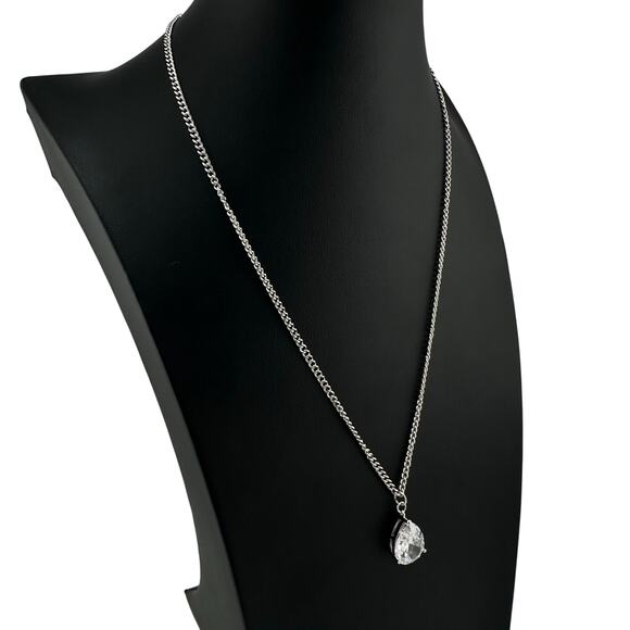 Cubic Zirconia Teardrop Solitaire Prong Set Silver Tone Elegant 18" Necklace - Picture 7 of 8